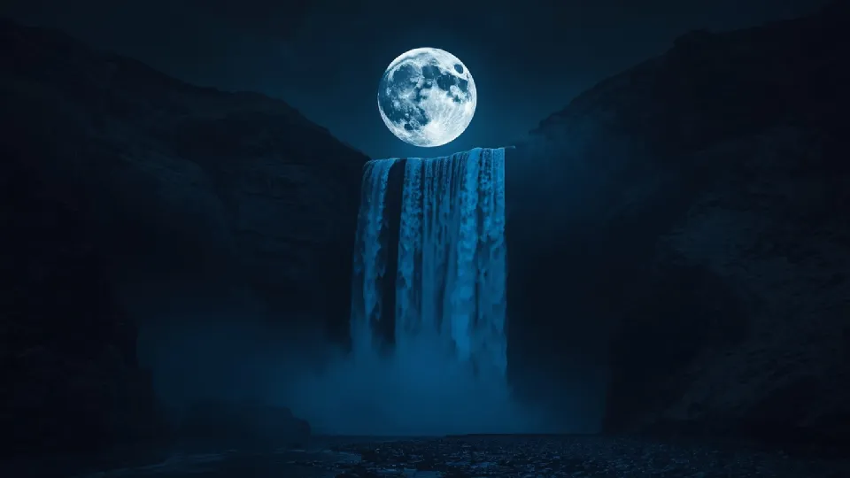 moon with bluish waterfall